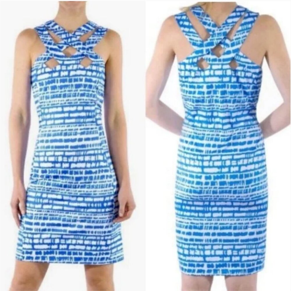 Gretchen Scott Designs Blue & White Striped Mini Dress with Cutout Halter
